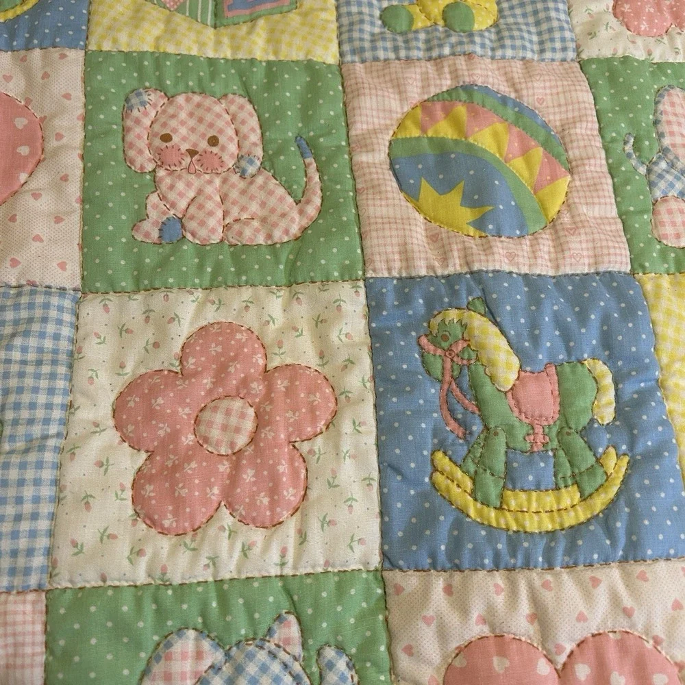 VTG Baby Blanket Pastel Animals Toys Flower Hand Stitched Quilted 80s Nursery